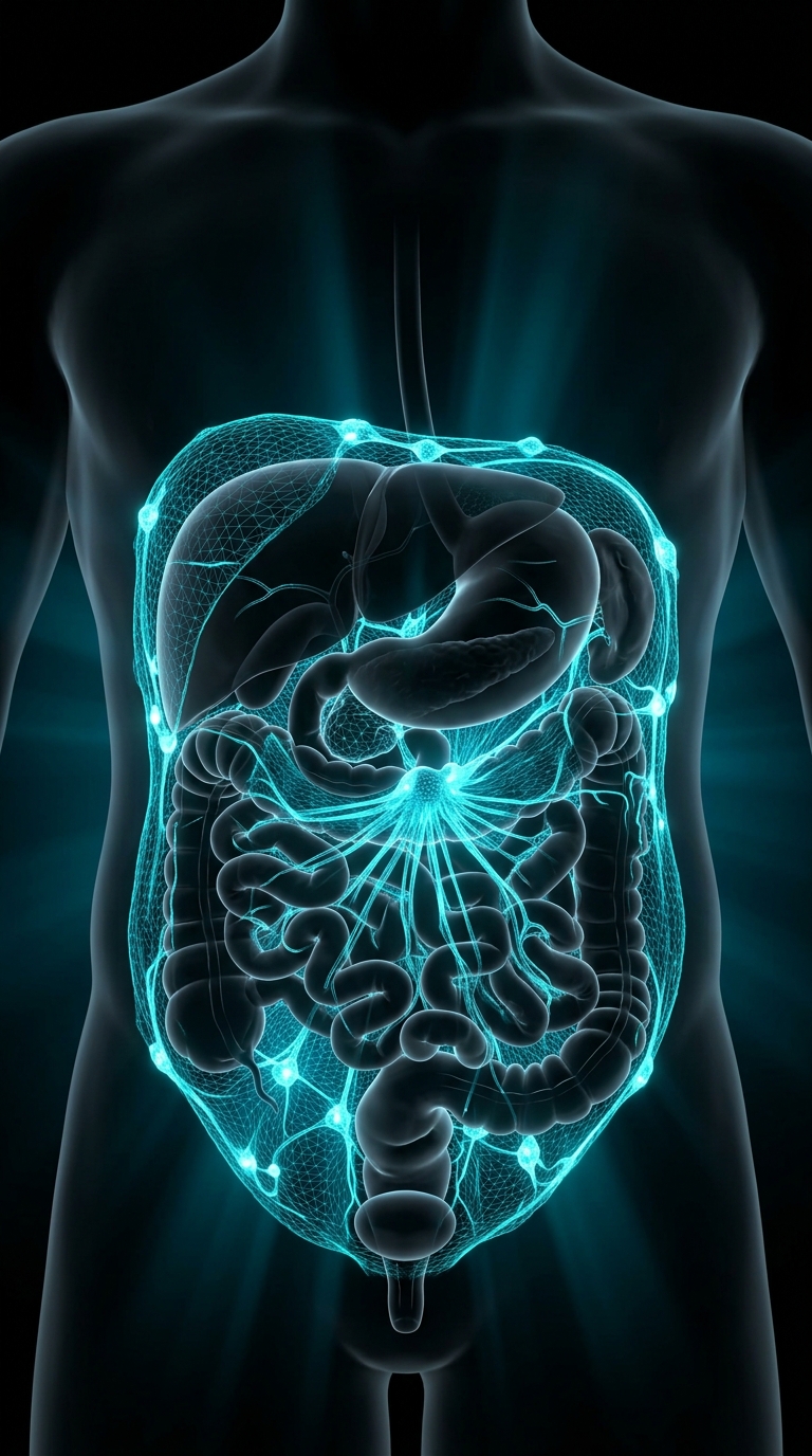 Fascia visceral y mesenterio sosteniendo los órganos abdominales, como red neuroendocrina